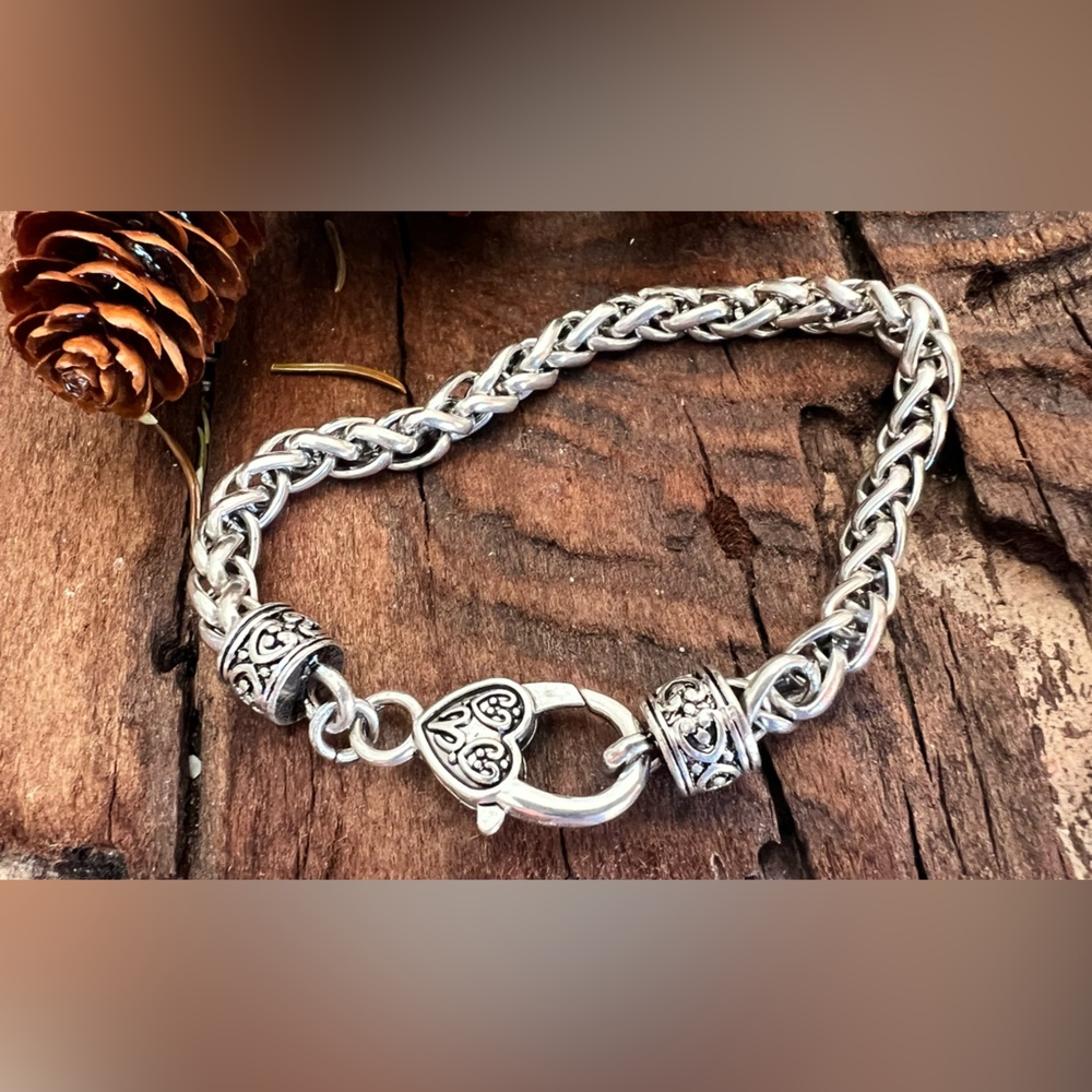 Brighton Fine Silver Plated Bracelet Chain Rope  Heart Lobster Tag 7.5”
